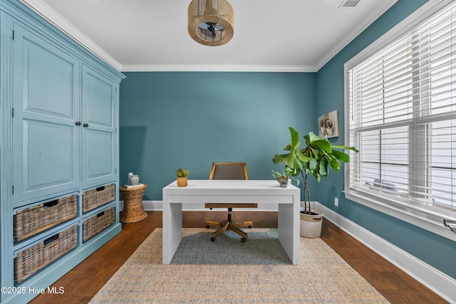 3478 Belle Meade Way NE, Leland, NC 28451 - office area featuring healthy amount of natural light, crown molding, and dark wood-style floors