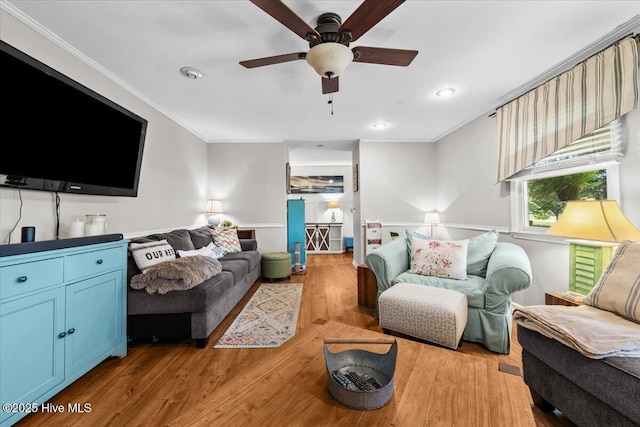 1484 Rays Bridge Rd, Whispering Pines, NC 28327 - living area with a ceiling fan, ornamental molding, wood finished floors, and recessed lighting