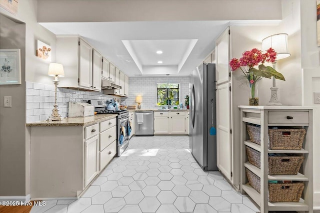 1484 Rays Bridge Rd, Whispering Pines, NC 28327 - kitchen with stainless steel appliances, under cabinet range hood, a tray ceiling, backsplash, and light stone countertops