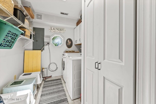 1484 Rays Bridge Rd, Whispering Pines, NC 28327 - washroom with washer and clothes dryer, cabinet space, electric panel, and light tile patterned flooring