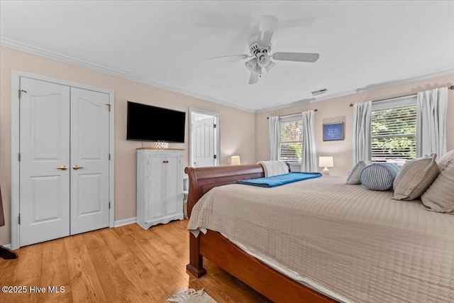 1484 Rays Bridge Rd, Whispering Pines, NC 28327 - bedroom featuring light wood-style flooring, crown molding, and a ceiling fan