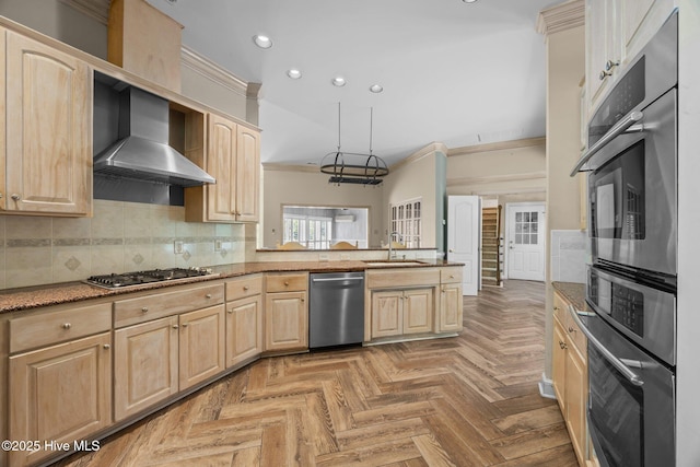 7006 Club House Dr, New Bern, NC 28562 - kitchen featuring appliances with stainless steel finishes, wall chimney exhaust hood, light brown cabinetry, recessed lighting, and stone counters