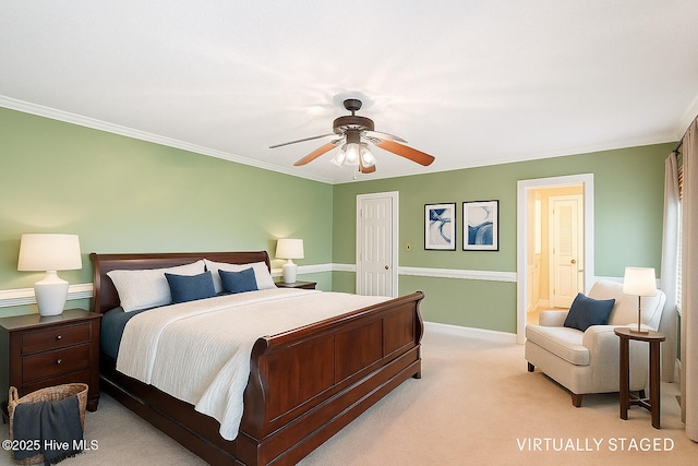 5025 Netherwood Rd, Rocky Mount, NC 27803 - bedroom featuring light carpet, ornamental molding, and ceiling fan