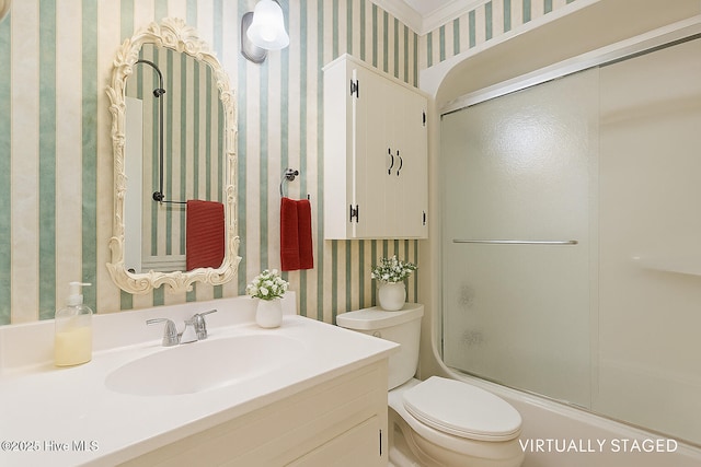 5025 Netherwood Rd, Rocky Mount, NC 27803 - full bath with wallpapered walls, vanity, and combined bath / shower with glass door