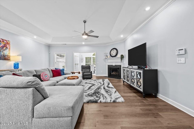 4465 Orchard Knob Ln, High Point, NC 27265 - living area with a raised ceiling, a ceiling fan, recessed lighting, wood finished floors, and ornamental molding