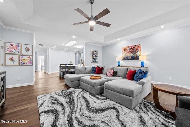 4465 Orchard Knob Ln, High Point, NC 27265 - living area with a raised ceiling, ceiling fan, dark wood-style floors, recessed lighting, and ornamental molding