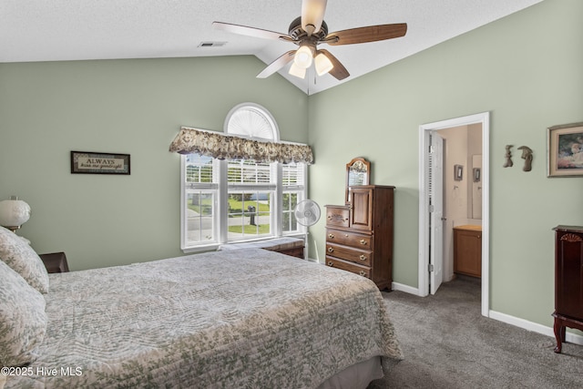 4399 Owendon Dr, Shallotte, NC 28470 - carpeted bedroom with high vaulted ceiling, a ceiling fan, and ensuite bathroom