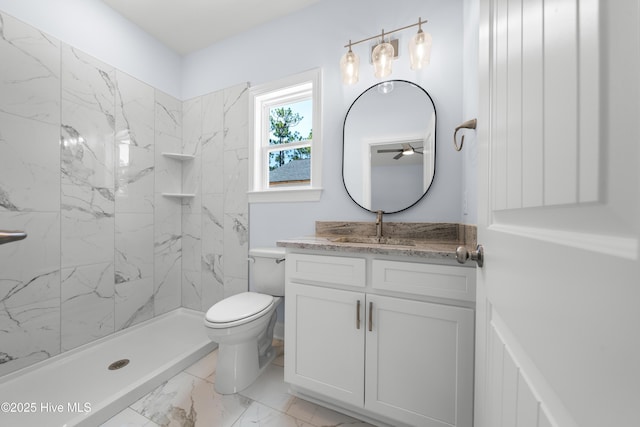 1990 Salisbury Rd, Southport, NC 28461 - bathroom with vanity, marble finish floors, a marble finish shower, and ceiling fan