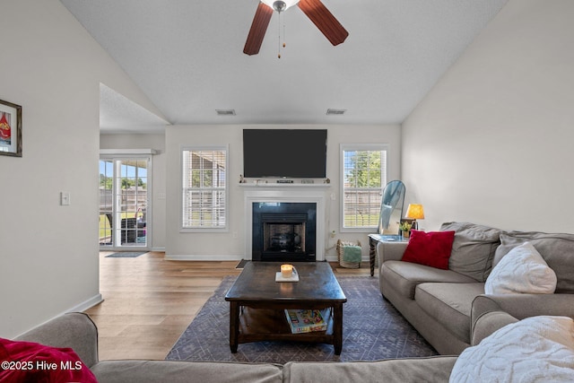 2950 Judge Manly Dr, New Bern, NC 28562 - living area featuring lofted ceiling, healthy amount of natural light, wood finished floors, a fireplace, and ceiling fan