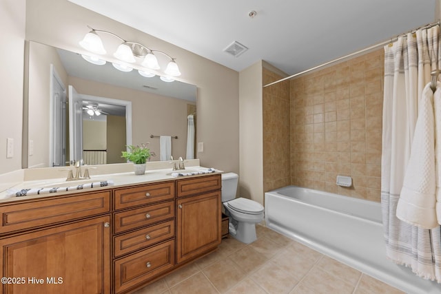 90 Shadow Creek Ct, Pinehurst, NC 28374 - bathroom featuring double vanity, shower / tub combo with curtain, tile patterned floors, and a ceiling fan
