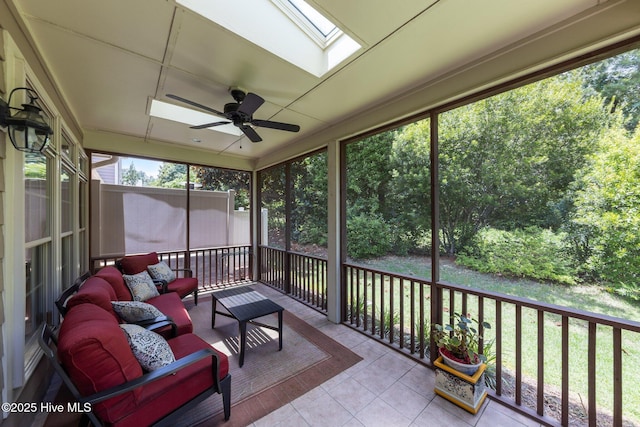 90 Shadow Creek Ct, Pinehurst, NC 28374 - sunroom / solarium featuring a skylight, ceiling fan, and an outdoor living space
