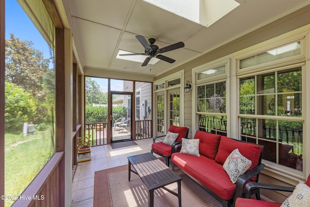 90 Shadow Creek Ct, Pinehurst, NC 28374 - sunroom with a skylight, ceiling fan, and outdoor lounge area