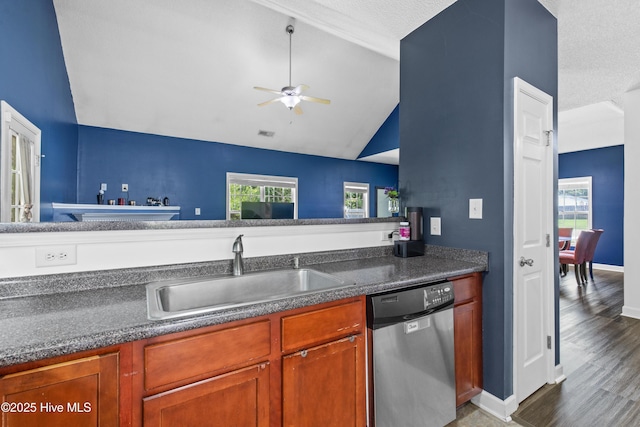 110 Whiteleaf Dr, Jacksonville, NC 28546 - kitchen with stainless steel dishwasher, lofted ceiling, a ceiling fan, dark countertops, and plenty of natural light