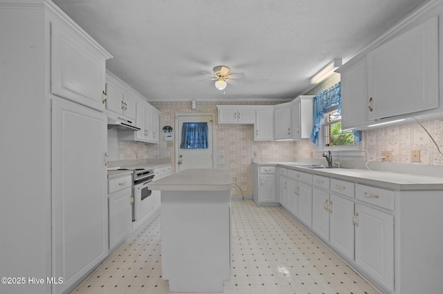 1603 Laurel St, Goldsboro, NC 27530 - kitchen with under cabinet range hood, ceiling fan, light flooring, white cabinetry, and wallpapered walls