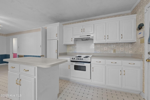 1603 Laurel St, Goldsboro, NC 27530 - kitchen with electric stove, under cabinet range hood, light floors, light countertops, and a kitchen island