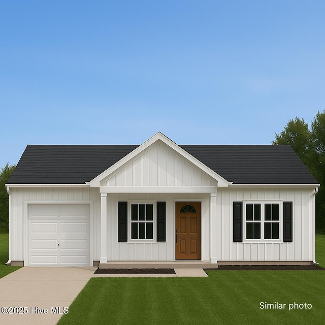 5650 County Line Rd, New Bern, NC 28562 - modern farmhouse featuring a garage, board and batten siding, a front lawn, a porch, and concrete driveway