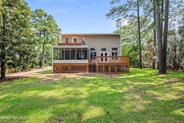 5410 Trade Winds Rd, New Bern, NC 28560 - back of house with a sunroom, a yard, and a deck