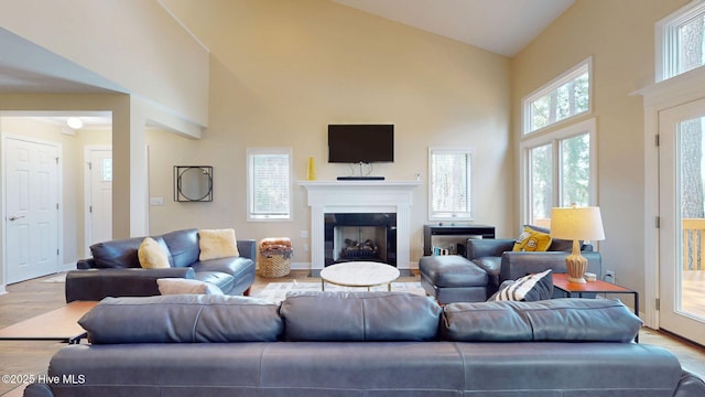 5410 Trade Winds Rd, New Bern, NC 28560 - living area featuring high vaulted ceiling, wood finished floors, and a fireplace