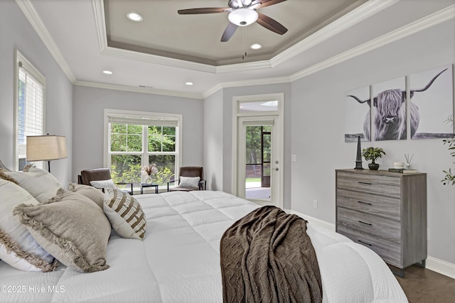 2233 Whiskey Branch Dr, Wilmington, NC 28409 - bedroom with a tray ceiling, multiple windows, recessed lighting, access to exterior, and ornamental molding