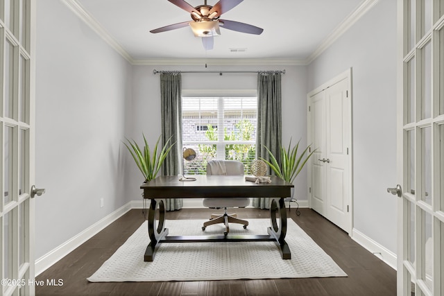 2233 Whiskey Branch Dr, Wilmington, NC 28409 - home office with french doors, crown molding, dark wood finished floors, and a ceiling fan