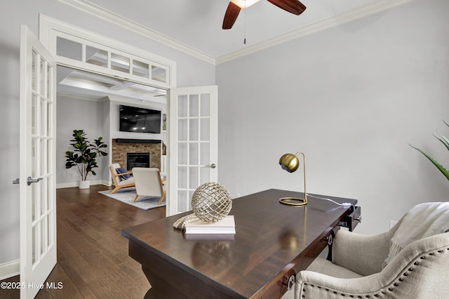 2233 Whiskey Branch Dr, Wilmington, NC 28409 - home office with french doors, crown molding, a ceiling fan, dark wood-style floors, and a fireplace