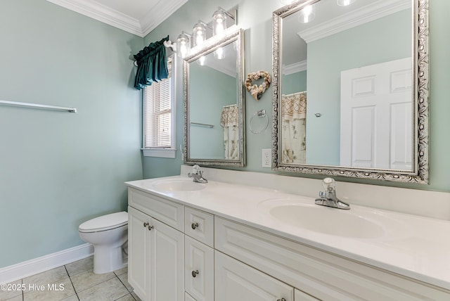 1726 W Beach Dr, Oak Island, NC 28465 - bathroom with double vanity, ornamental molding, and tile patterned floors