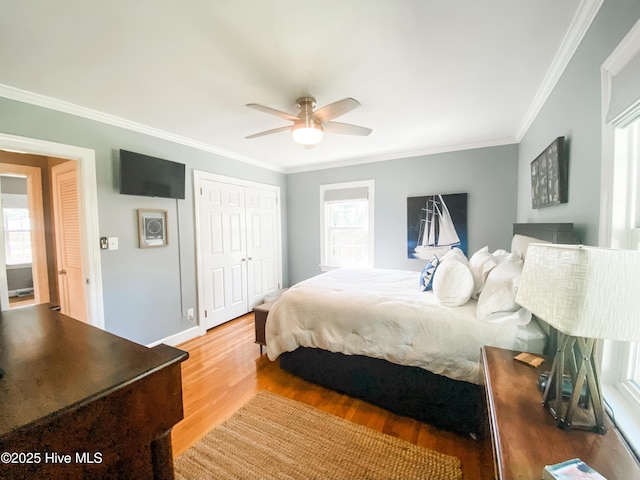 1721 Nash St NW, Wilson, NC 27893 - bedroom with ornamental molding, wood finished floors, multiple windows, a closet, and a ceiling fan