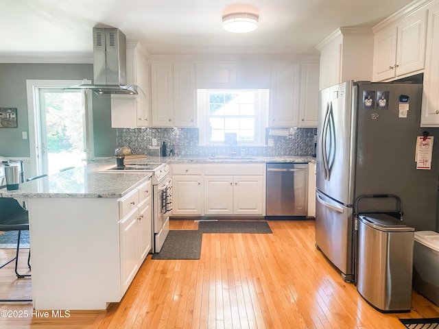 1721 Nash St NW, Wilson, NC 27893 - kitchen with appliances with stainless steel finishes, ventilation hood, a peninsula, white cabinetry, and crown molding