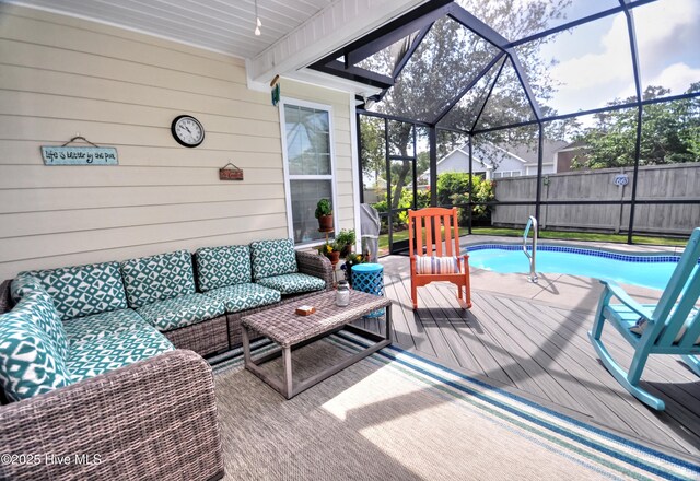 4875 Frasier Cir, Shallotte, NC 28470 - view of patio / terrace with outdoor lounge area, glass enclosure, and a wooden deck