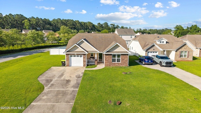 101 Falcon Landing Ct, New Bern, NC 28560 - craftsman house featuring concrete driveway, brick siding, a front lawn, and covered porch