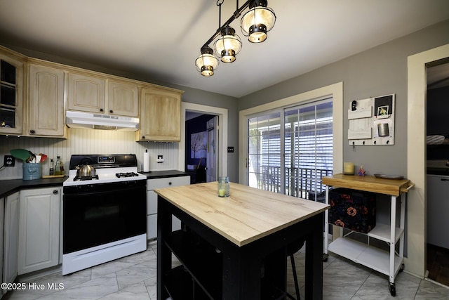 507 Blades Ave, New Bern, NC 28560 - kitchen with gas range gas stove, under cabinet range hood, light marble finish flooring, glass insert cabinets, and light brown cabinetry