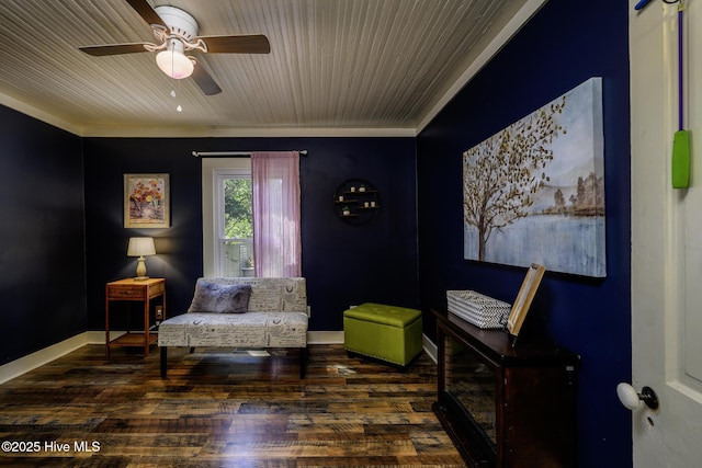 507 Blades Ave, New Bern, NC 28560 - sitting room with ornamental molding, wood finished floors, ceiling fan, and wood ceiling