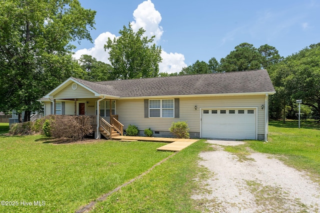 1901 Hess St, Wilmington, NC 28411 - ranch-style home with driveway, a porch, an attached garage, a front lawn, and crawl space