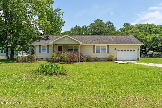 1901 Hess St, Wilmington, NC 28411 - ranch-style house with crawl space, a porch, driveway, a garage, and a front yard