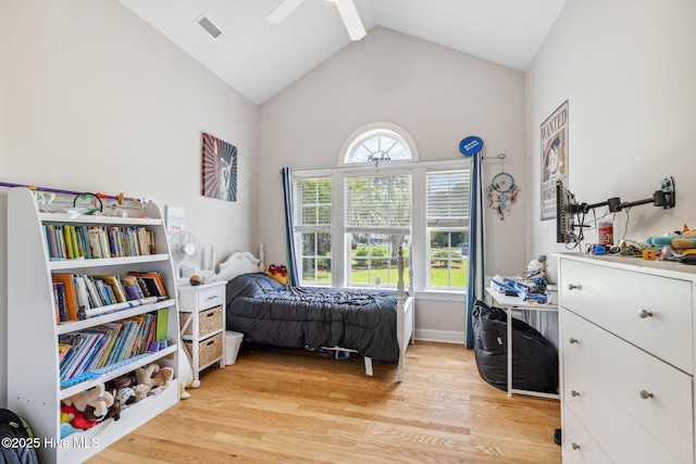 820 Jackeys Creek Ln SE, Leland, NC 28451 - bedroom with high vaulted ceiling, light wood-style floors, and ceiling fan