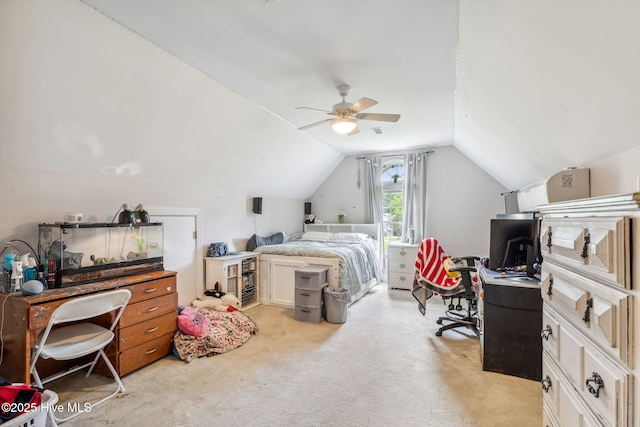 820 Jackeys Creek Ln SE, Leland, NC 28451 - bedroom featuring light colored carpet, a desk, vaulted ceiling, and ceiling fan