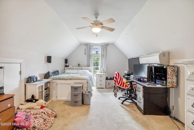 820 Jackeys Creek Ln SE, Leland, NC 28451 - bedroom featuring an office area, lofted ceiling, light carpet, and a ceiling fan
