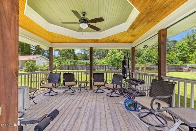 820 Jackeys Creek Ln SE, Leland, NC 28451 - deck featuring ceiling fan, a fenced backyard, view of wooded area, and outdoor dining area