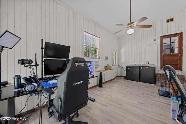120 Croatan Ln, New Bern, NC 28562 - office with independent washer and dryer, ceiling fan, wood finished floors, and wood walls