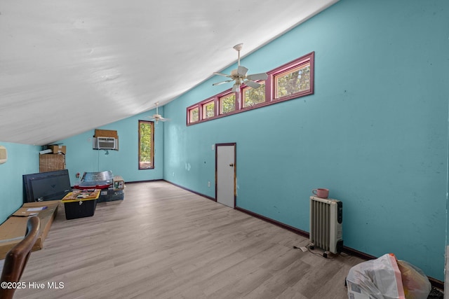 120 Croatan Ln, New Bern, NC 28562 - game room with a ceiling fan, wood finished floors, lofted ceiling, and a wall mounted AC