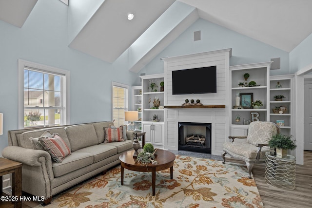 505 Davidson Dr, Newport, NC 28570 - living room featuring wood finished floors, a fireplace, and high vaulted ceiling
