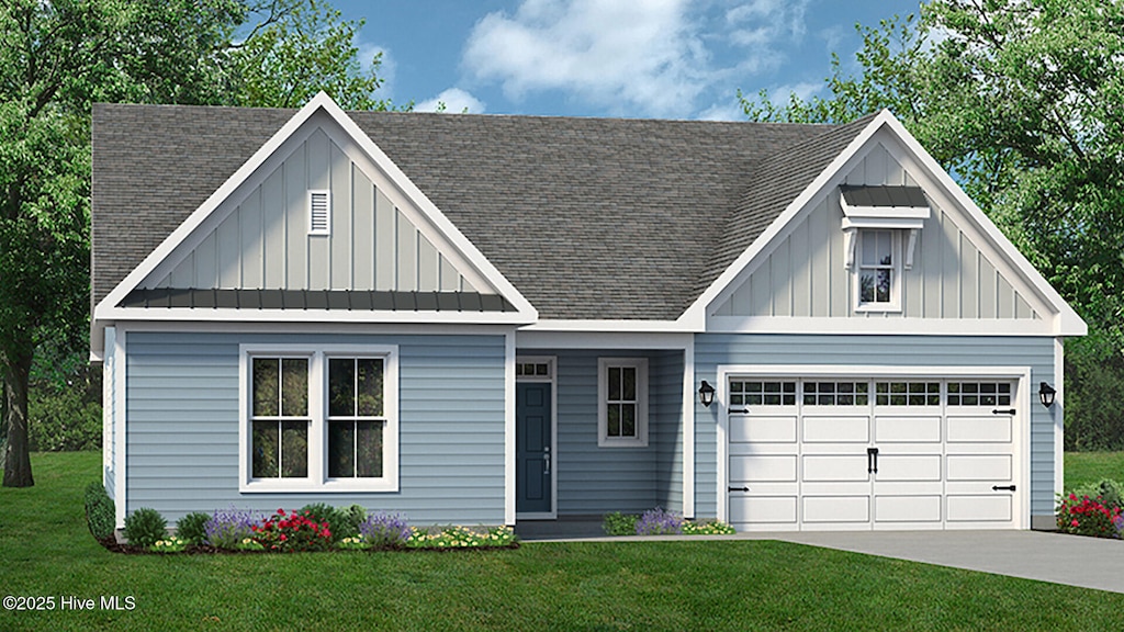 1238 Halter Pl, Calabash, NC 28467 - view of front facade with board and batten siding, a shingled roof, an attached garage, and a front lawn