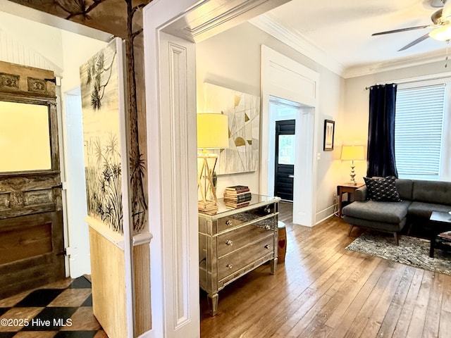 228 Mcrae St, Wilmington, NC 28401 - sitting room featuring ornamental molding, a ceiling fan, and wood-type flooring