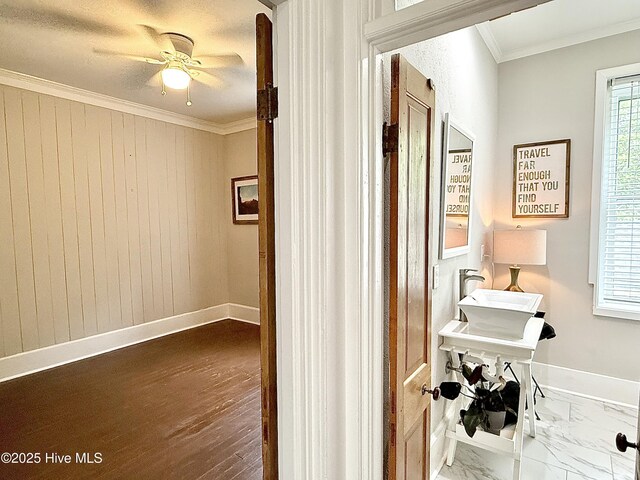 228 Mcrae St, Wilmington, NC 28401 - hall featuring ornamental molding, wooden walls, and dark marble finish floors