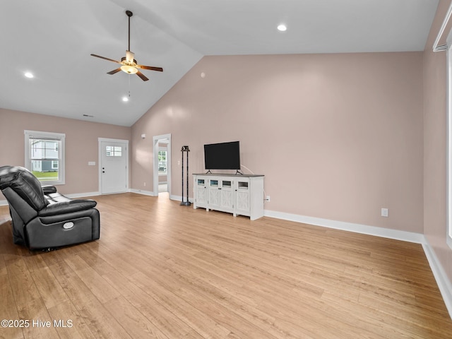 500 Perth Ct, Hubert, NC 28539 - unfurnished living room featuring ceiling fan, light wood finished floors, high vaulted ceiling, and recessed lighting