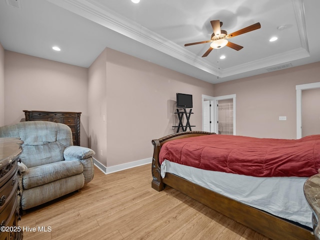 500 Perth Ct, Hubert, NC 28539 - bedroom with a raised ceiling, light wood-type flooring, ornamental molding, recessed lighting, and ceiling fan