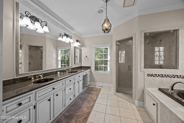 3902 Kipling Ct, Greenville, NC 27834 - full bathroom with a stall shower, double vanity, tile patterned floors, a bath, and crown molding