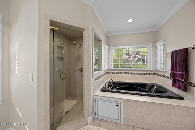 3902 Kipling Ct, Greenville, NC 27834 - bathroom featuring a shower stall, a garden tub, crown molding, and tile patterned floors