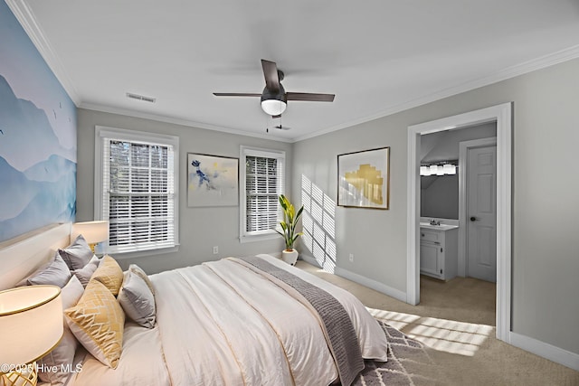 3902 Kipling Ct, Greenville, NC 27834 - carpeted bedroom featuring crown molding, ceiling fan, and connected bathroom