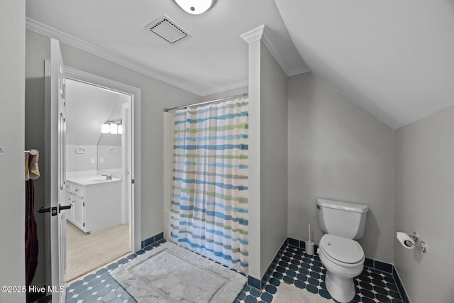 3902 Kipling Ct, Greenville, NC 27834 - bathroom with vanity, crown molding, a shower with curtain, and tile patterned floors